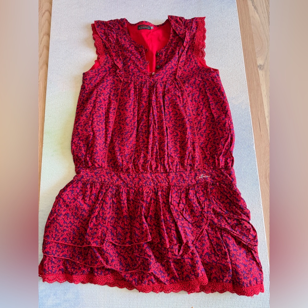 Catimini Kids Red and Purple Floral Dress with Ruffles